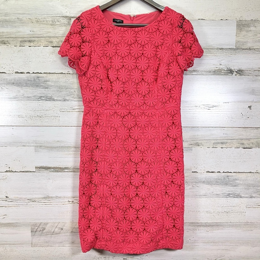 Talbots Womens Pink Larosa Crochet Lace Floral Lined Short Slv‎ Pencil Dress 4P
